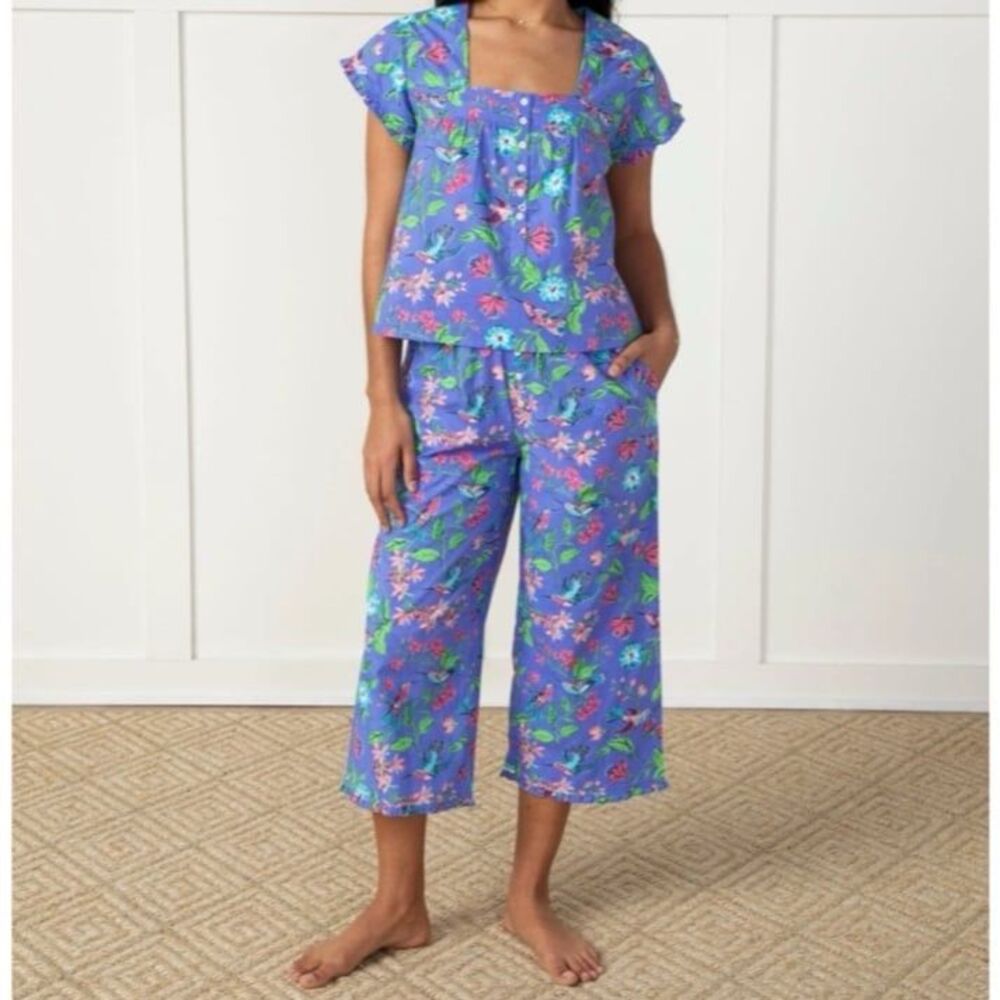 Printfresh Hummingbird Haven Floral Pattern Pajama Set Top & Bottoms - Size XL